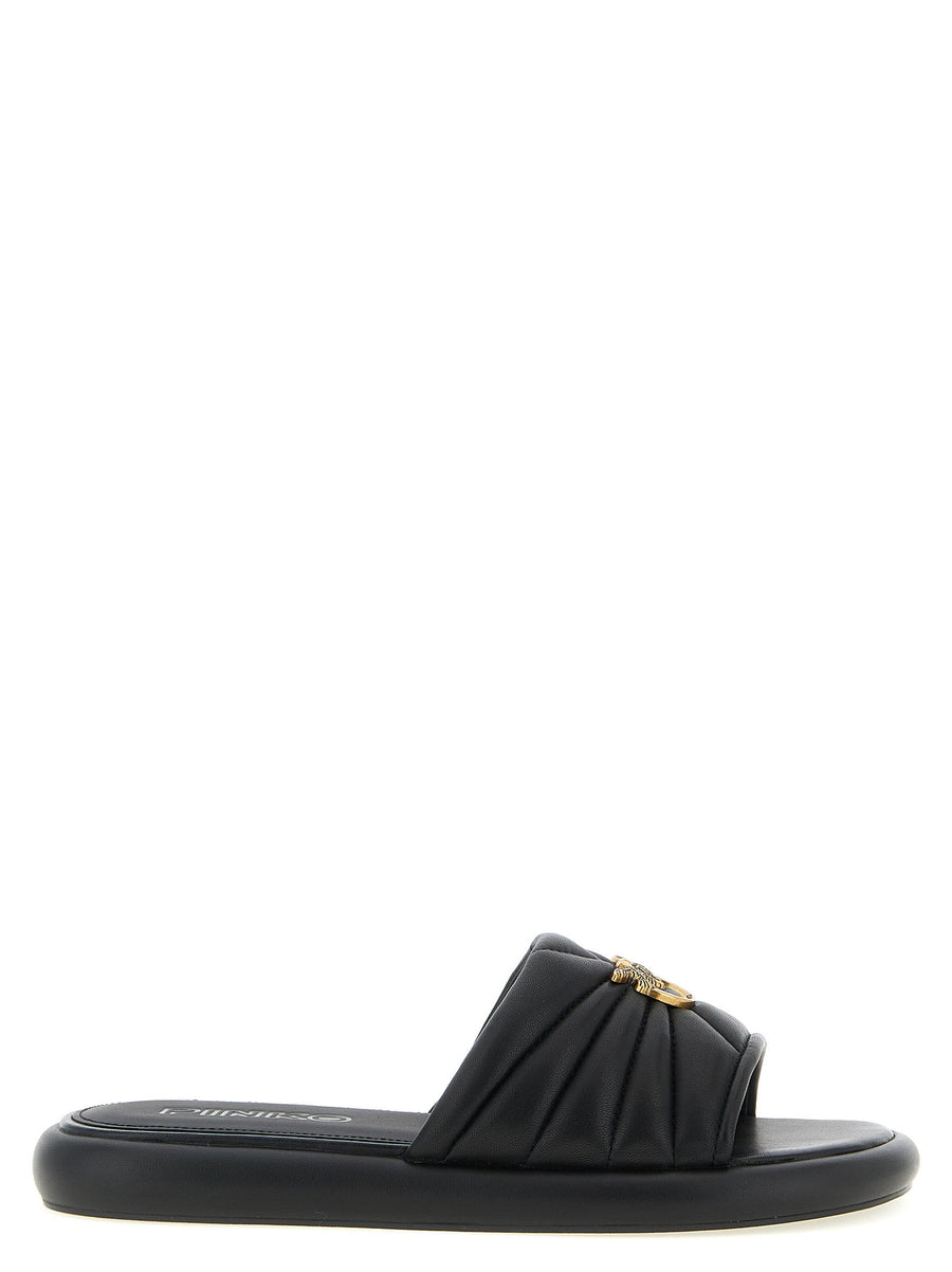 Pinko Fiona 03 Black Quilted Nappa Leather Slides With Love Birds Logo