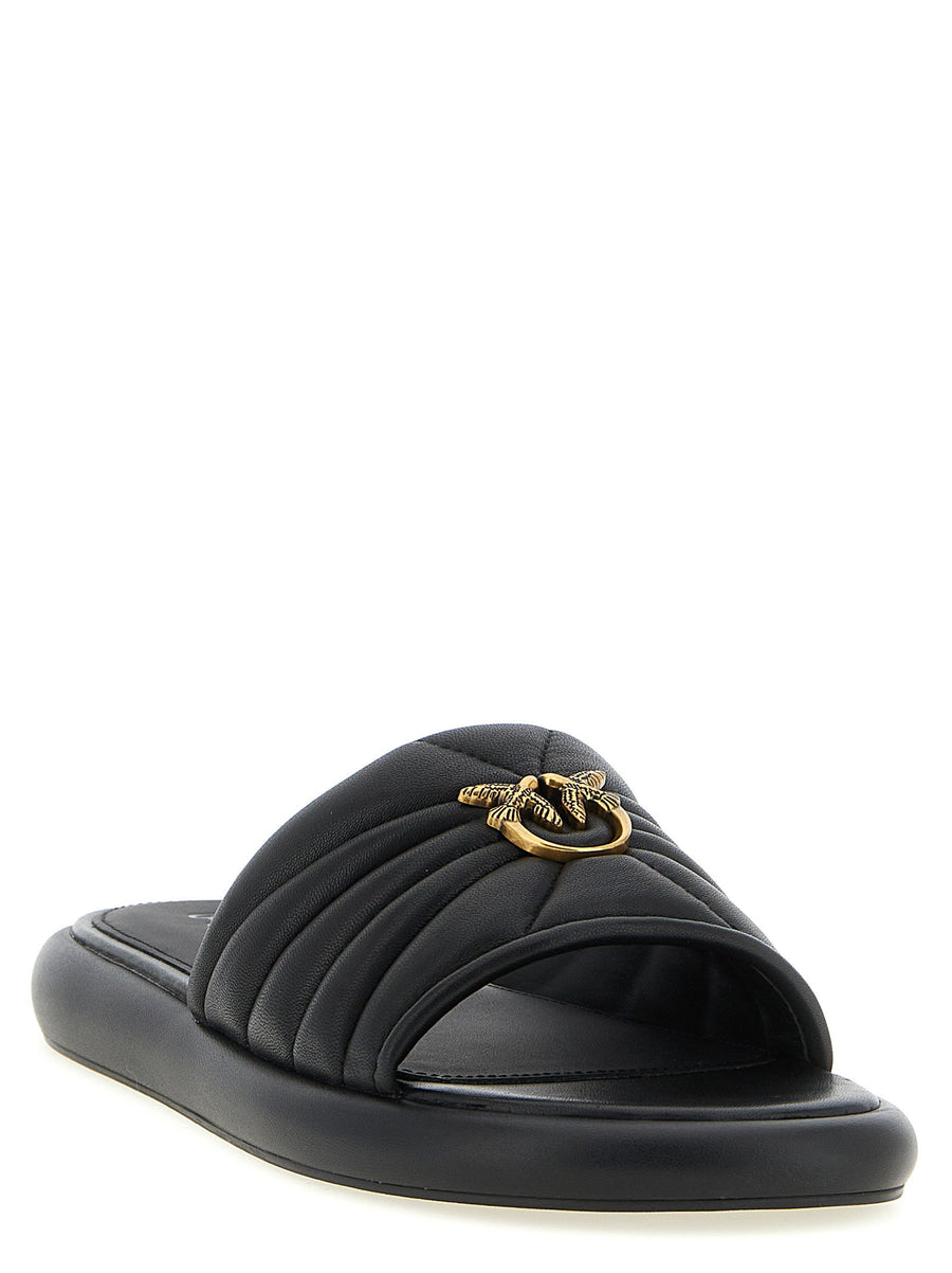 Pinko Fiona 03 Black Quilted Nappa Leather Slides With Love Birds Logo