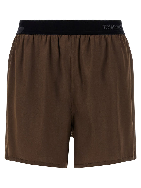 Tom Ford Silk Shorts Stretch Silk Satin Pajama Style With Brown Elastic Waist