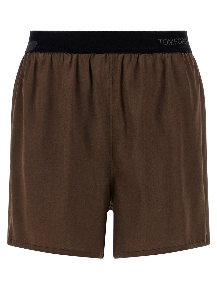 Tom Ford Silk Shorts Stretch Silk Satin Pajama Style With Brown Elastic Waist
