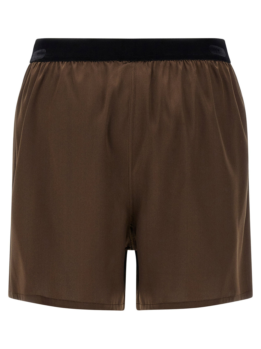 Tom Ford Silk Shorts Stretch Silk Satin Pajama Style With Brown Elastic Waist