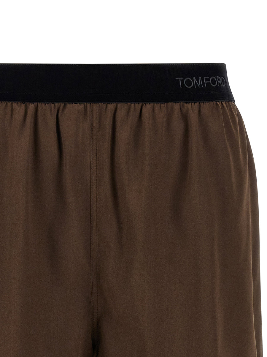 Tom Ford Silk Shorts Stretch Silk Satin Pajama Style With Brown Elastic Waist