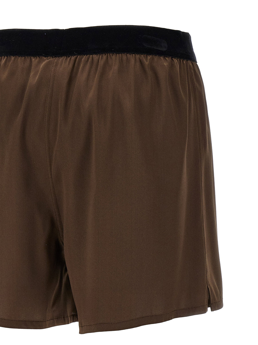 Tom Ford Silk Shorts Stretch Silk Satin Pajama Style With Brown Elastic Waist
