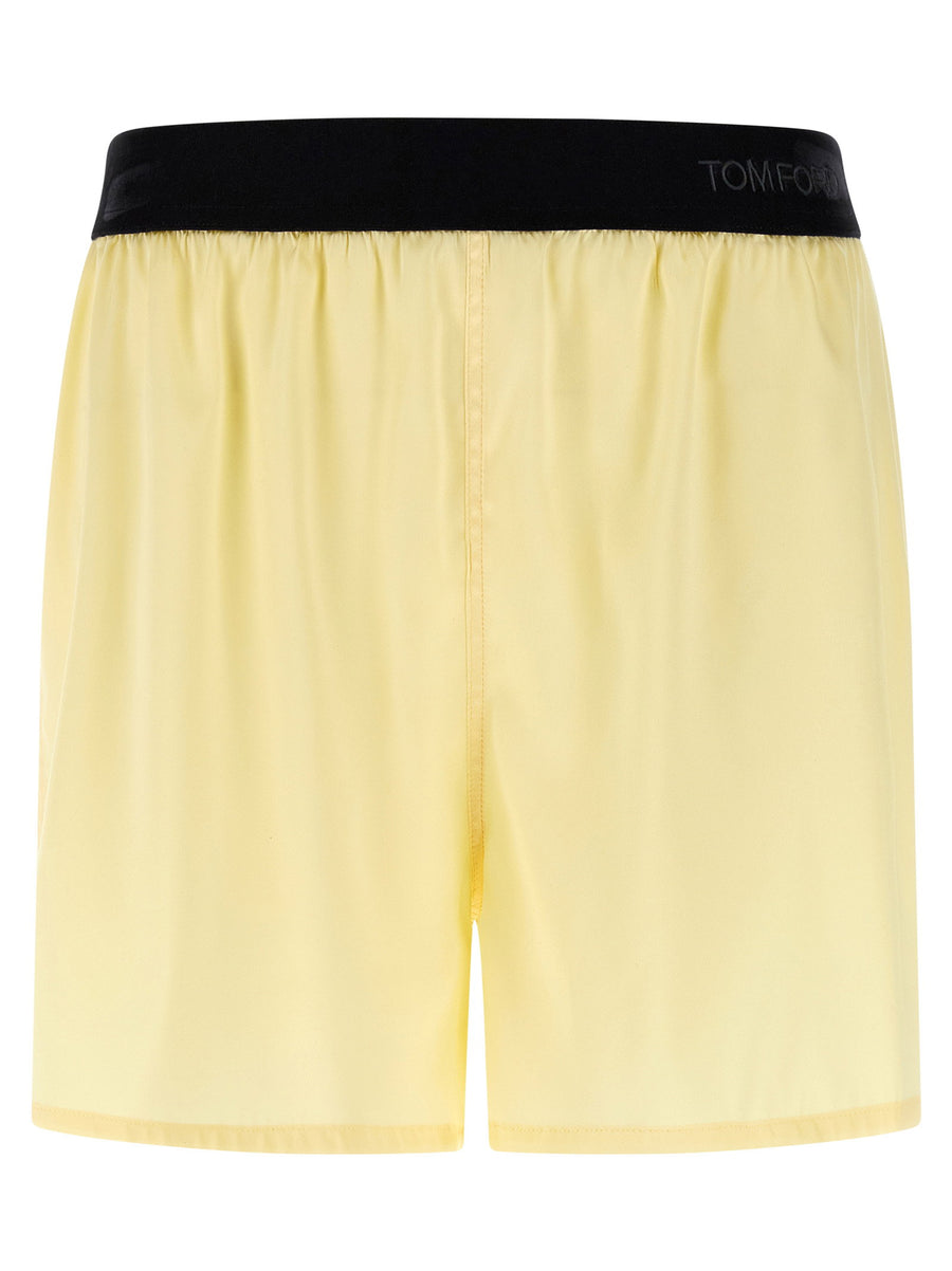 Tom Ford Silk Shorts For Women Luxury Stretch Silk Satin Pajama Silhouette With Velvet Waistband Yellow