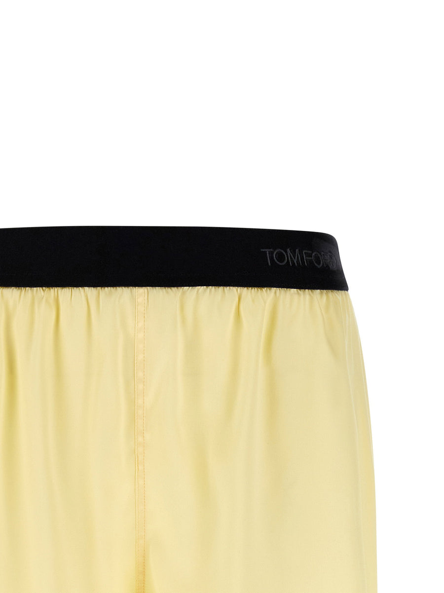 Tom Ford Silk Shorts For Women Luxury Stretch Silk Satin Pajama Silhouette With Velvet Waistband Yellow
