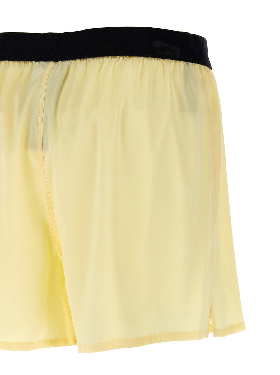Tom Ford Silk Shorts For Women Luxury Stretch Silk Satin Pajama Silhouette With Velvet Waistband Yellow