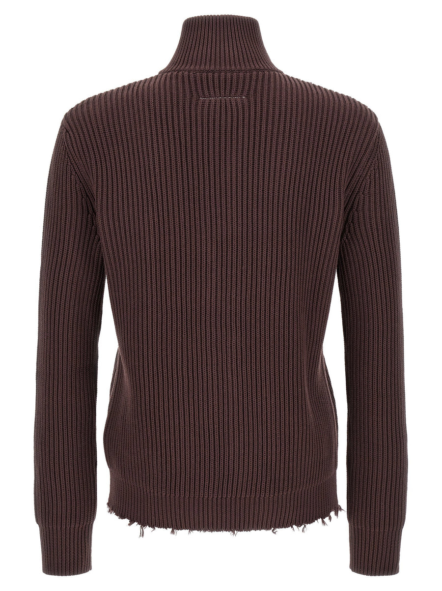 Mm6 Maison Margiela Brown Ribbed Cotton Turtleneck Sweater With Zip Front