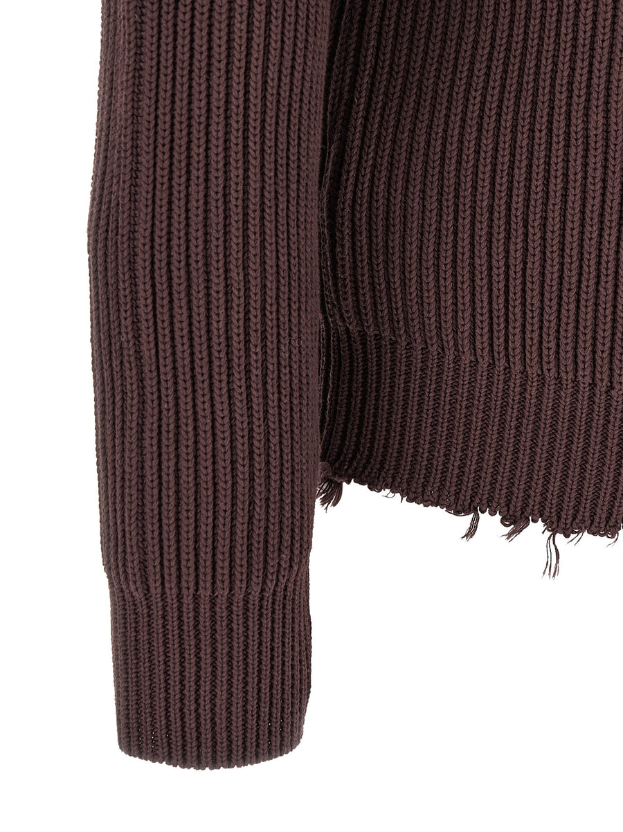 Mm6 Maison Margiela Brown Ribbed Cotton Turtleneck Sweater With Zip Front