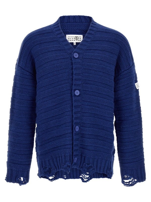 Mm6 Maison Margiela Distressed Wool Cardigan Oversized in Blue