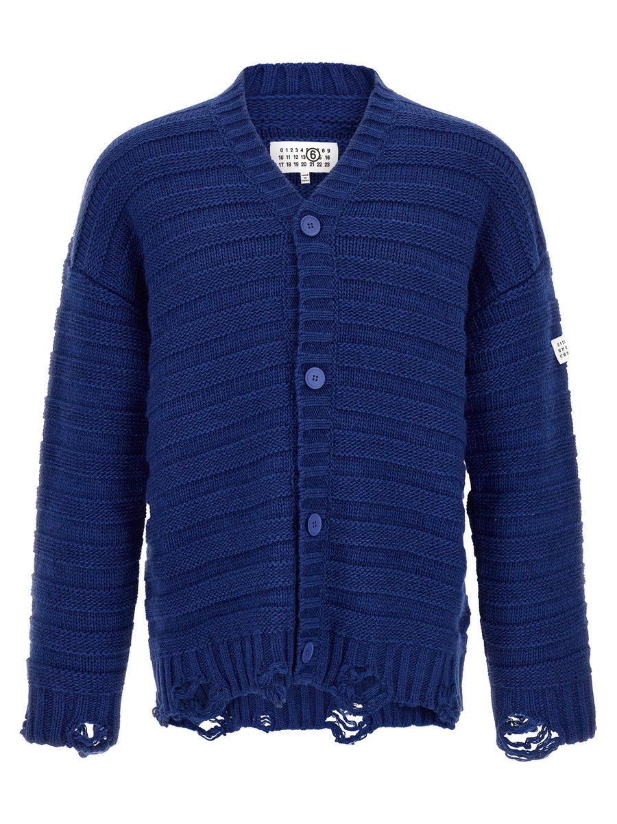 Mm6 Maison Margiela Distressed Wool Cardigan Oversized in Blue