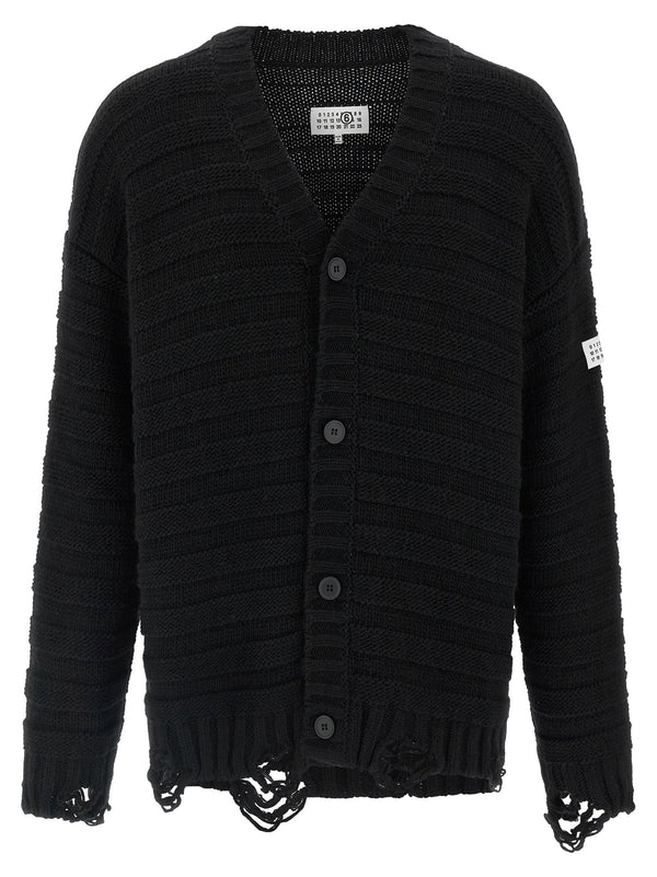 Mm6 Maison Margiela Distressed Wool Cardigan Black V Neck Button Closure