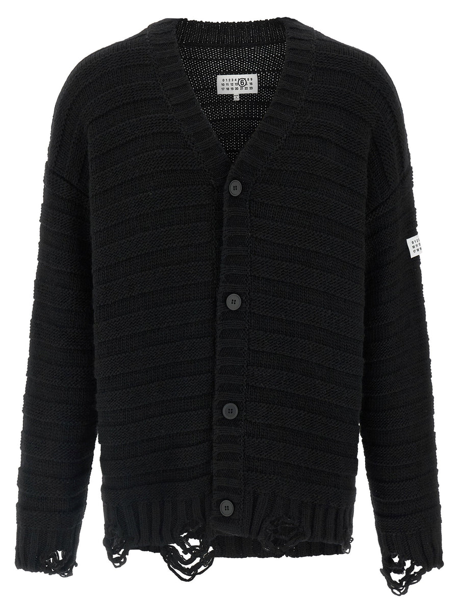 Mm6 Maison Margiela Distressed Wool Cardigan Black V Neck Button Closure
