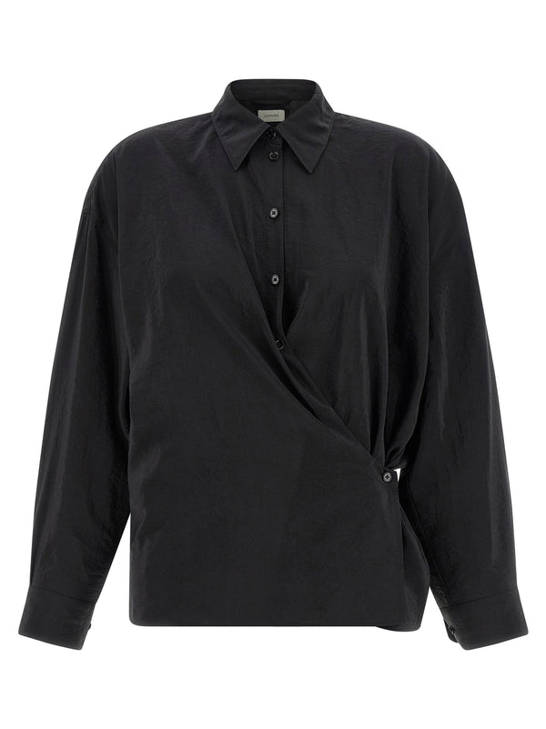 Lemaire Silk Straight Collar Twisted Shirt Black Back Ruffles Asymmetric Closure