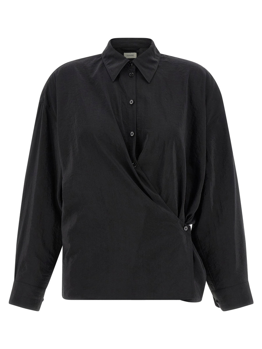 Lemaire Silk Straight Collar Twisted Shirt Black Back Ruffles Asymmetric Closure