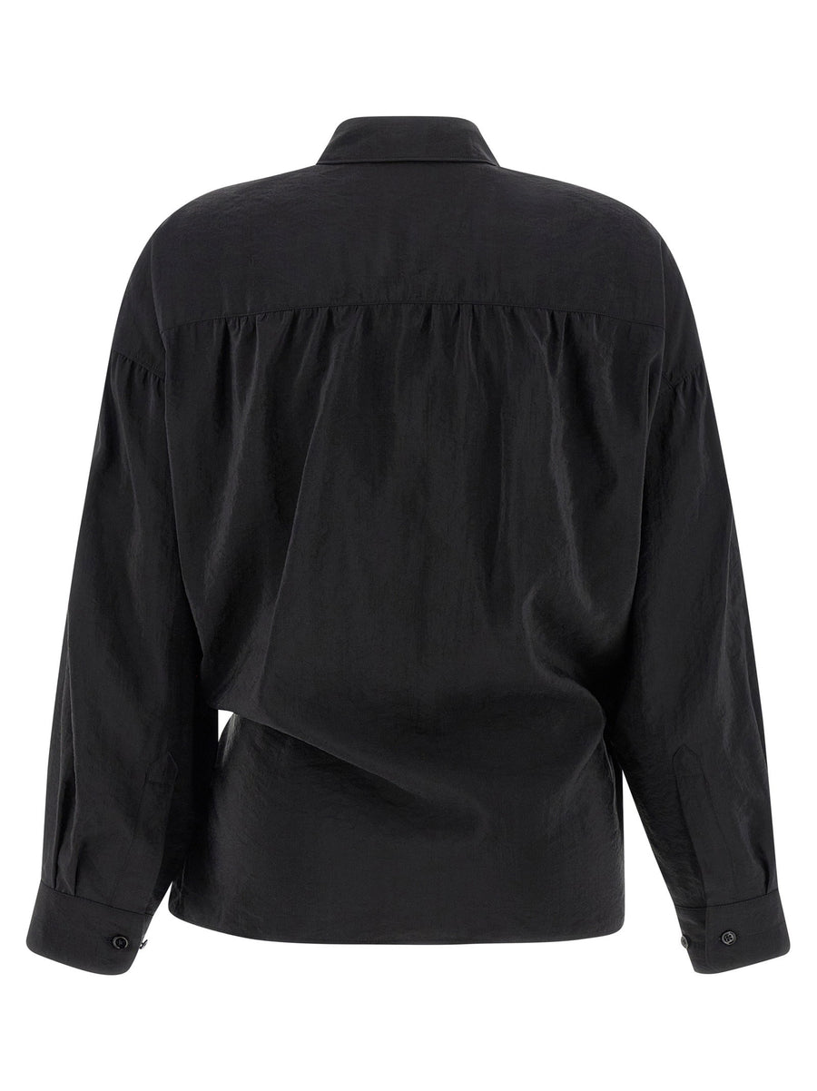 Lemaire Silk Straight Collar Twisted Shirt Black Back Ruffles Asymmetric Closure