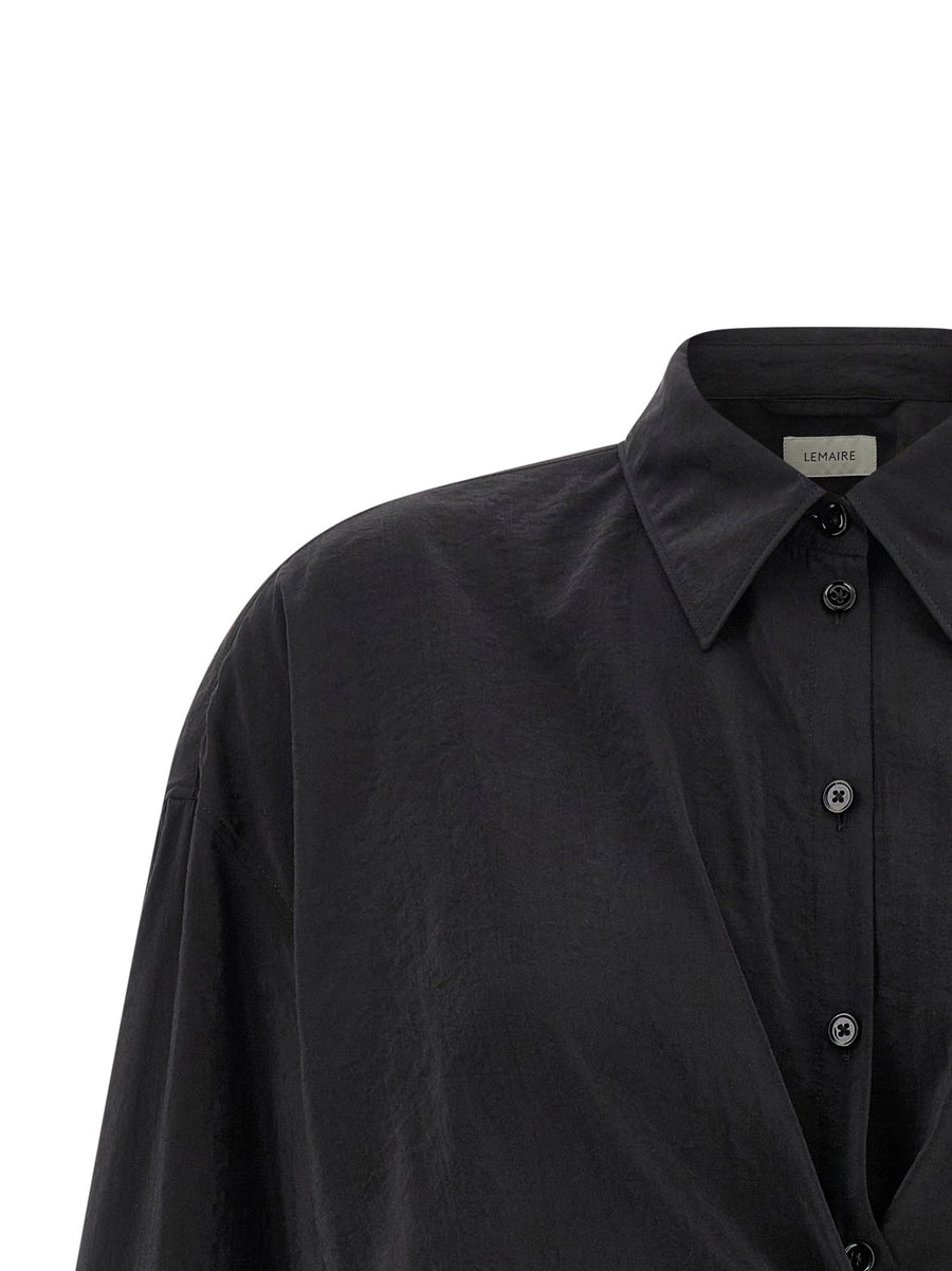 Lemaire Silk Straight Collar Twisted Shirt Black Back Ruffles Asymmetric Closure