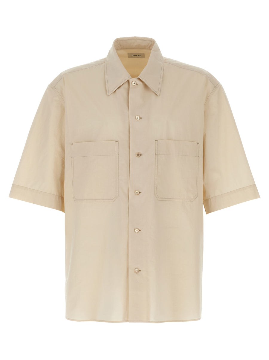 Lemaire Convertible Shirt For Men Beige 100 Percent Cotton Poplin Lightweight Relaxed Fit Front Button Closure