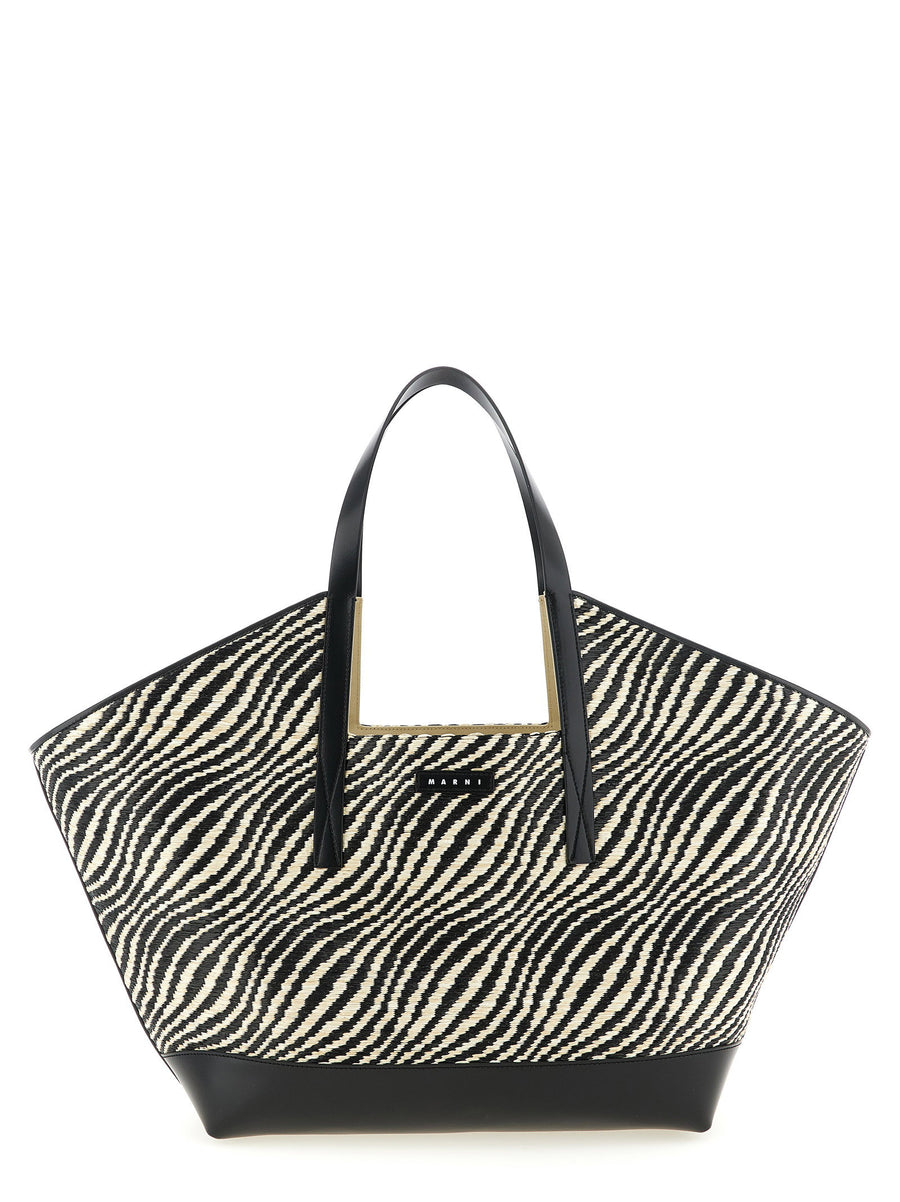 Marni Waves Raffia Texture Shopper Bag With Leather Handles For Modern Women City Ready Luxury