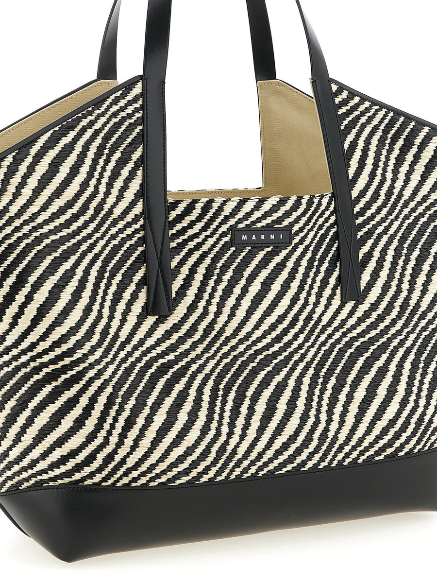 Marni Waves Raffia Texture Shopper Bag With Leather Handles For Modern Women City Ready Luxury