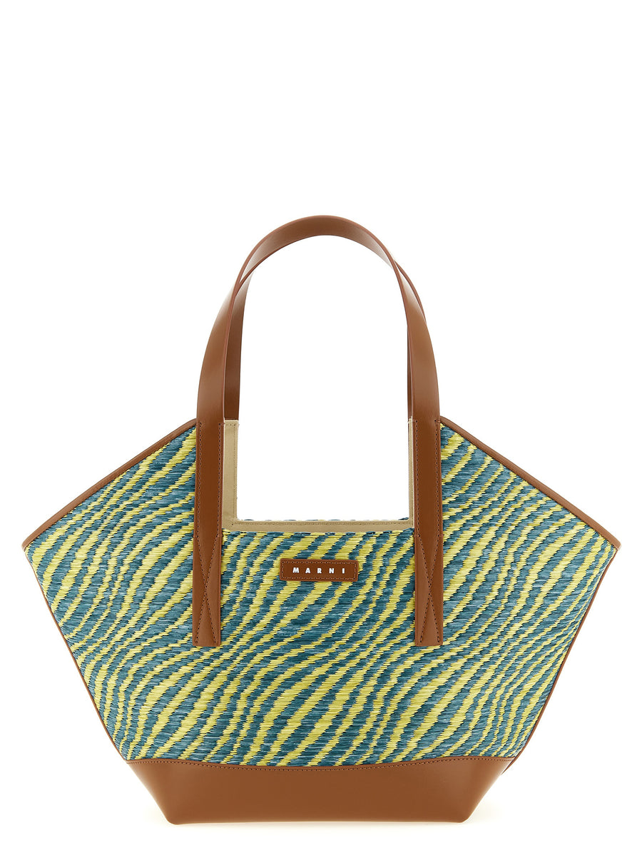 Marni Waves Piccola Shopping Bag Luxury Green Raffia Effect Fabric With Leather Details For Women