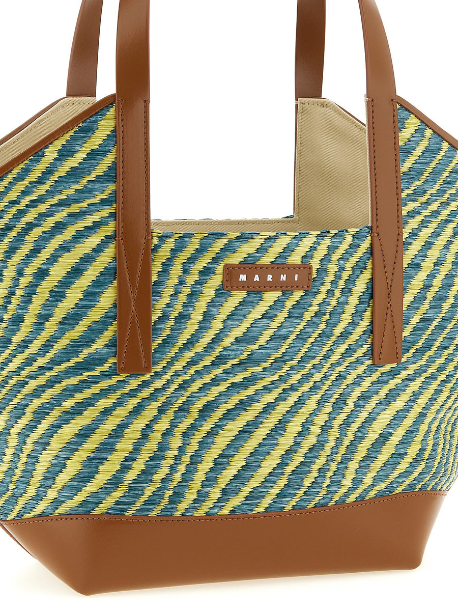 Marni Waves Piccola Shopping Bag Luxury Green Raffia Effect Fabric With Leather Details For Women