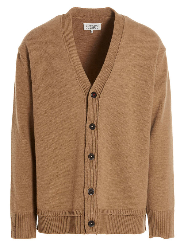 Maison Margiela Wool Cardigan for Men Luxurious V Neck Button Closure Suede Elbow Patch Back Logo