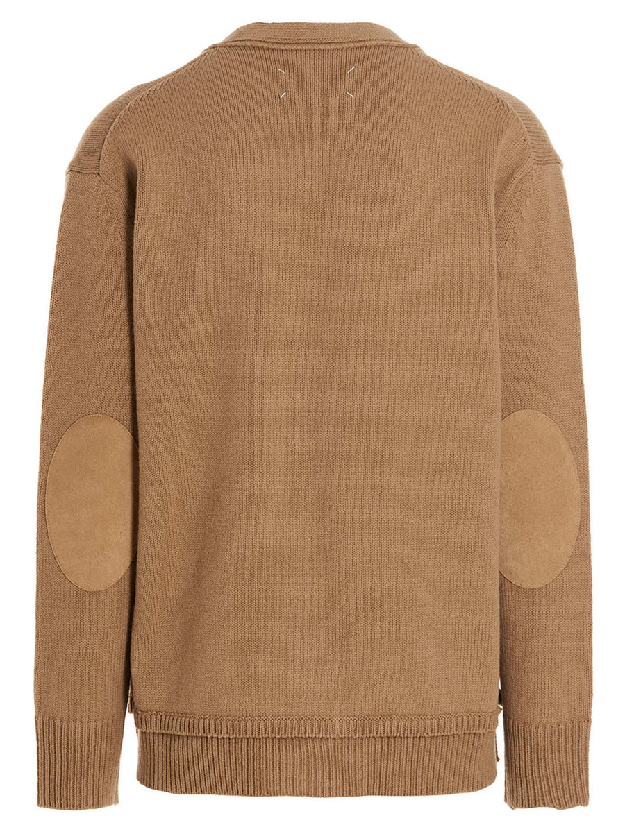 Maison Margiela Wool Cardigan for Men Luxurious V Neck Button Closure Suede Elbow Patch Back Logo