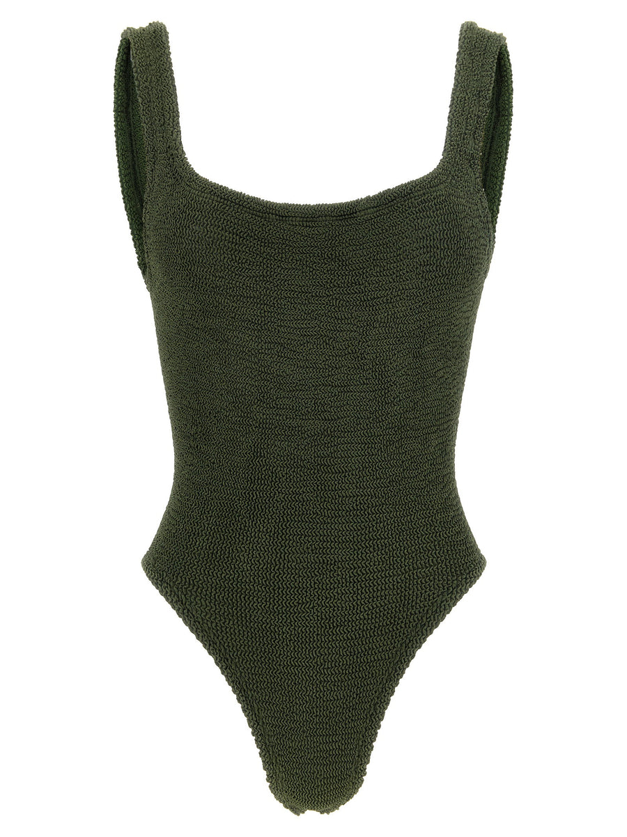 Hunza G Green Square Neck One Piece Swimsuit One Size Crinkle Texture