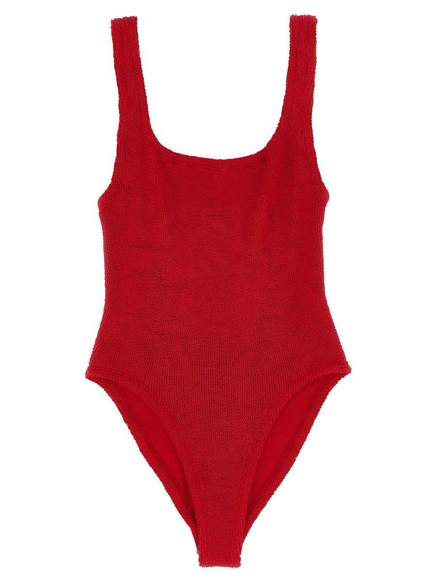 Hunza G Square Neck One Piece Swimsuit Red Luxury Crinkle Texture One Size For Women Resort Wear