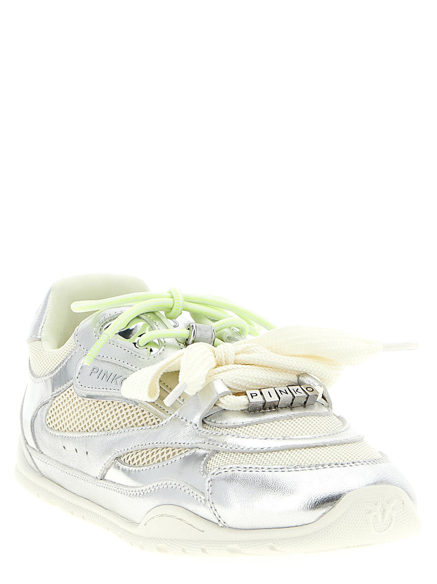 Pinko Yulia 01 Silver Leather Sneakers With Double Laces And Metal Details