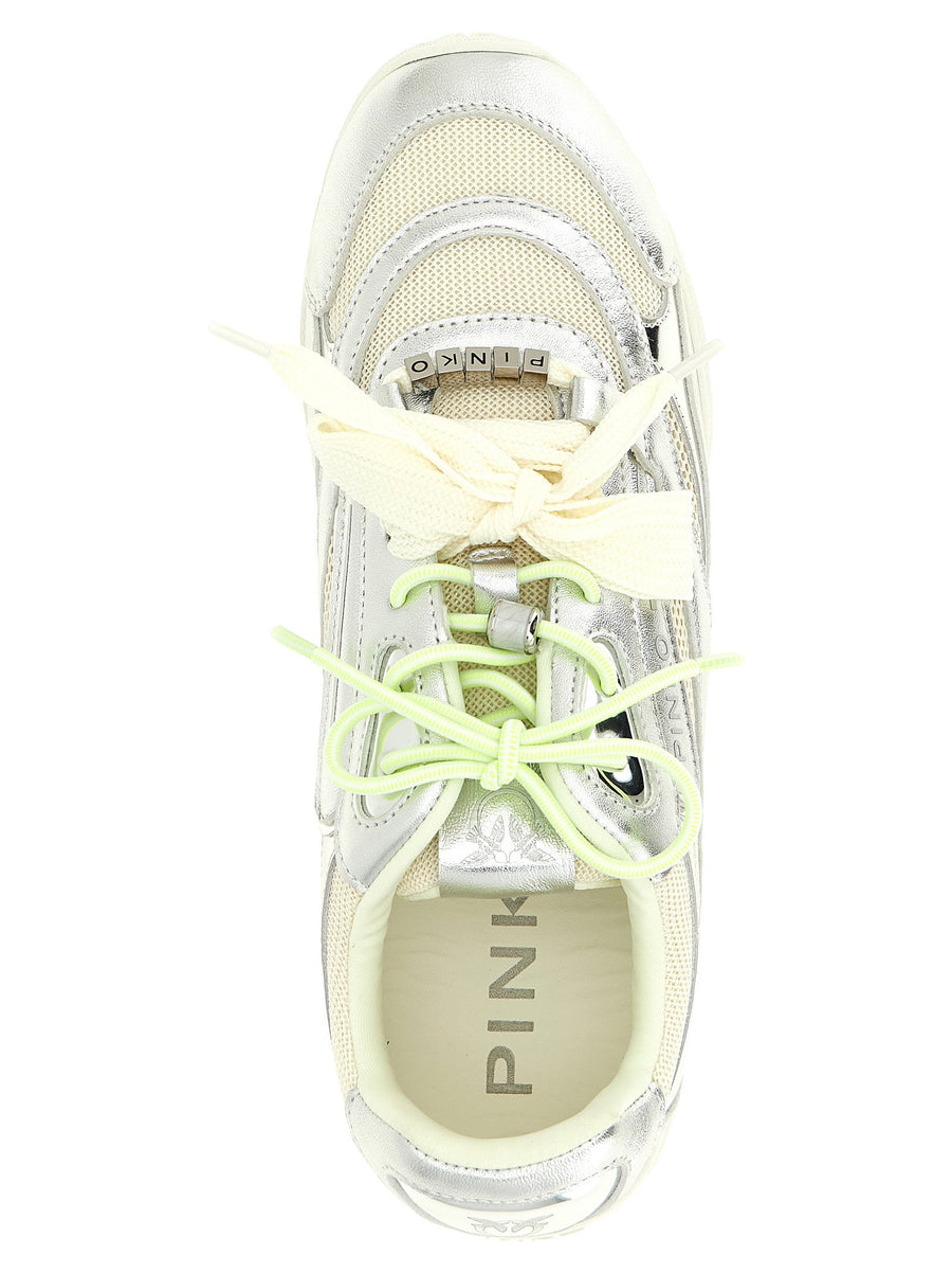 Pinko Yulia 01 Silver Leather Sneakers With Double Laces And Metal Details