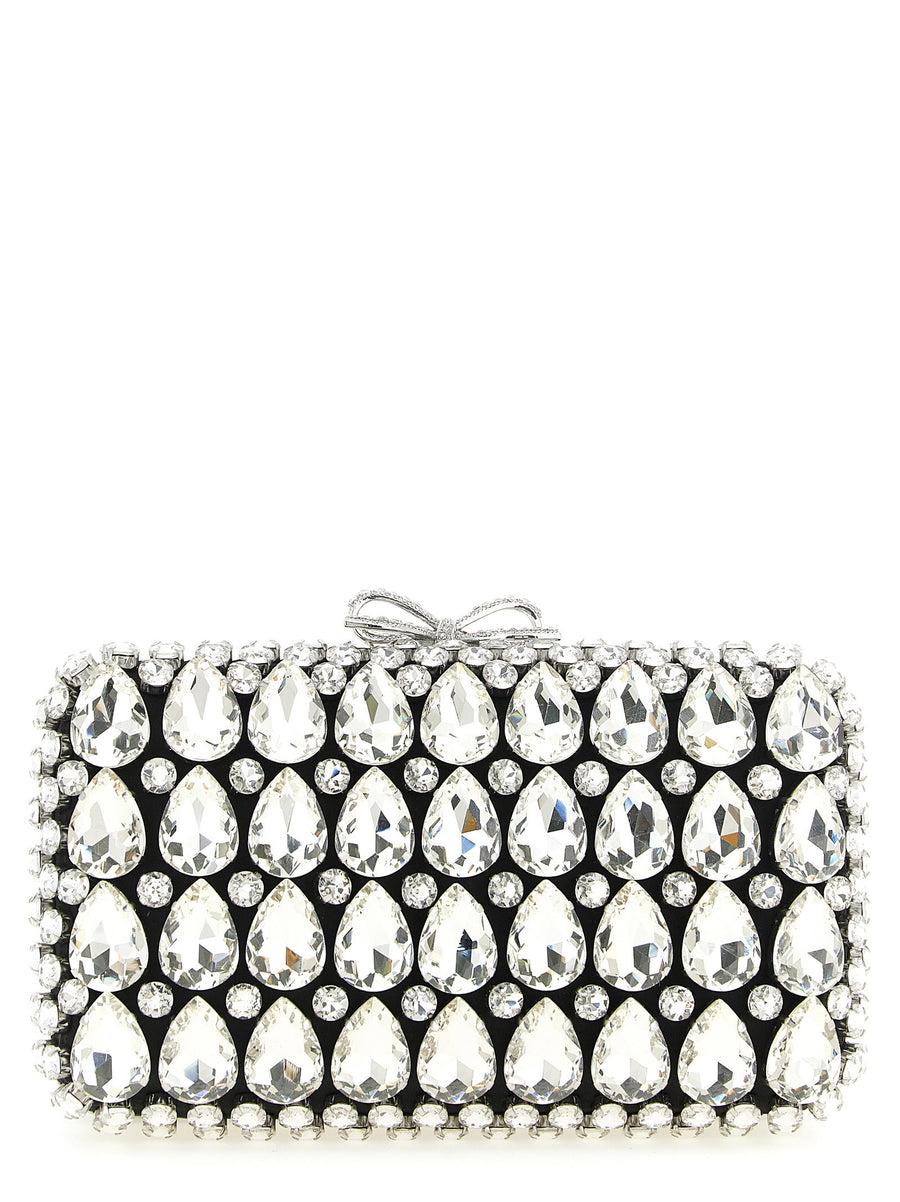 Self-Portrait Black Satin Crystal Clutch