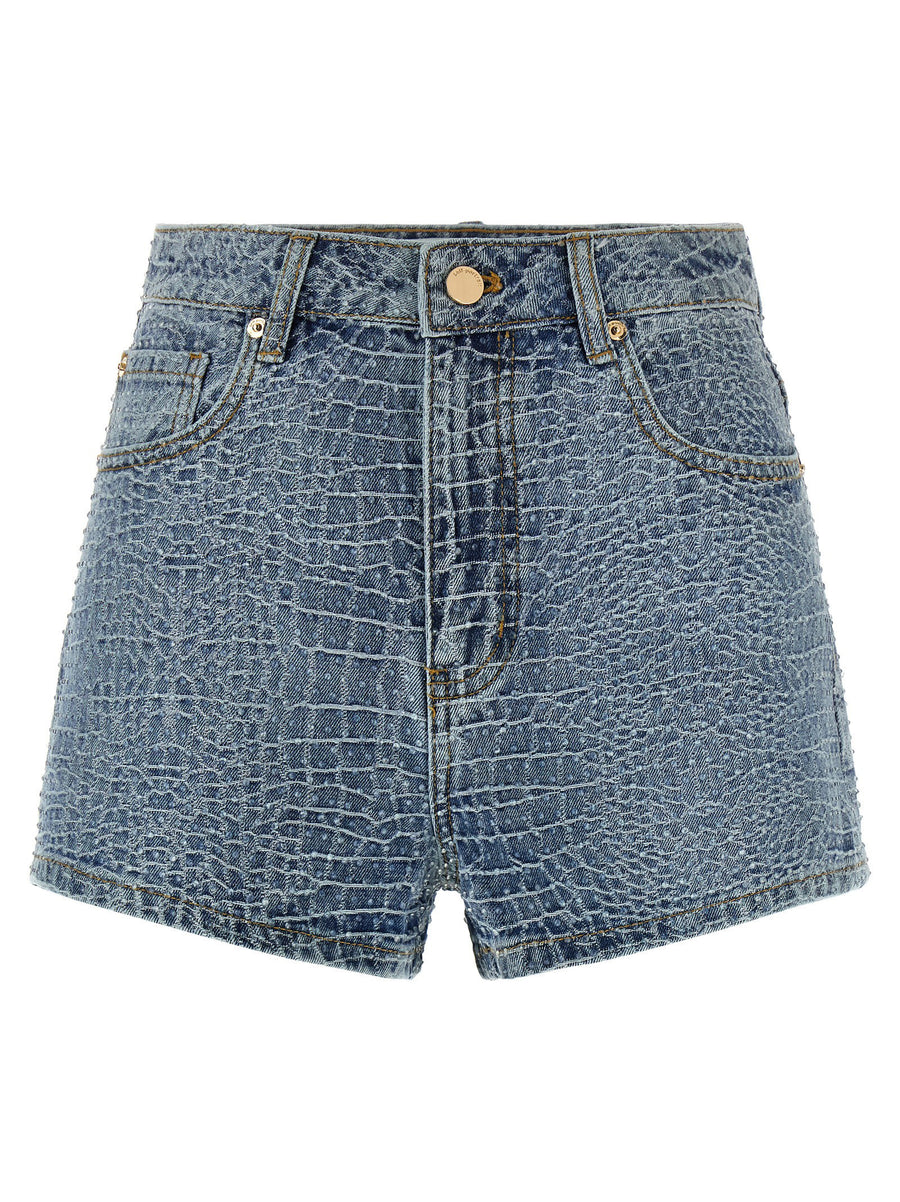 Self-Portrait Light Blue Rhinestone Mid Waist Croc Effect Denim Shorts
