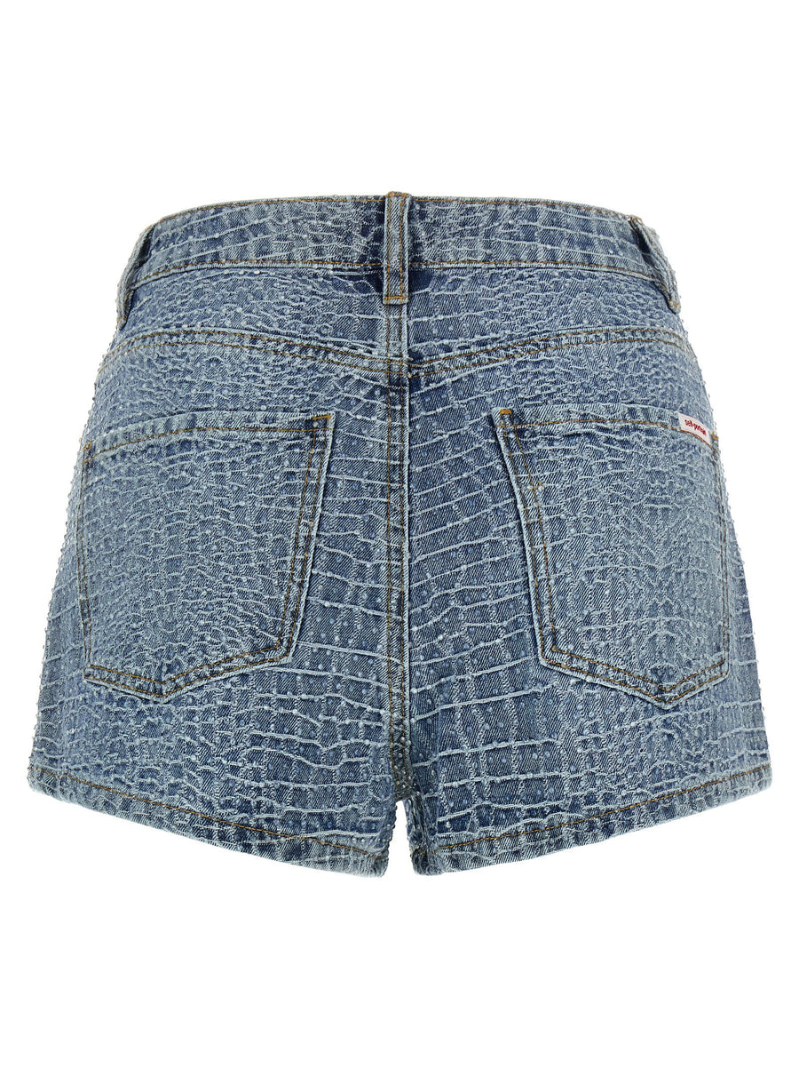 Self-Portrait Light Blue Rhinestone Mid Waist Croc Effect Denim Shorts