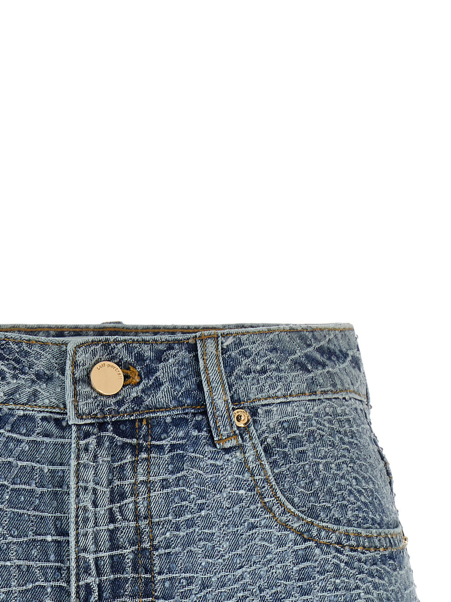 Self-Portrait Light Blue Rhinestone Mid Waist Croc Effect Denim Shorts