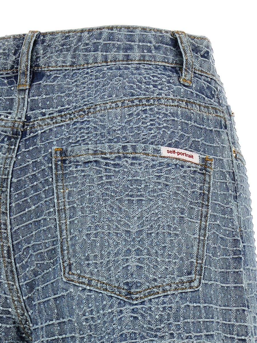 Self-Portrait Light Blue Rhinestone Mid Waist Croc Effect Denim Shorts