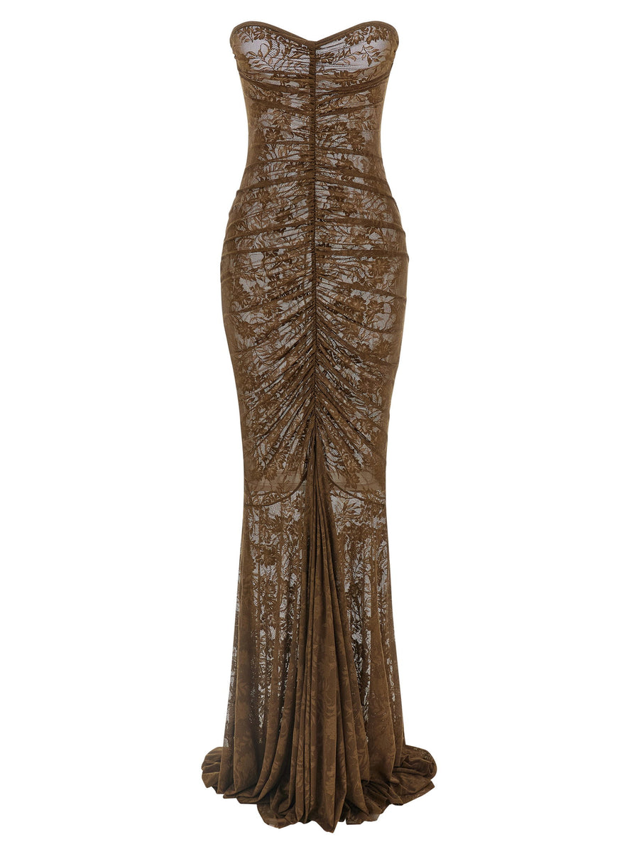 Norma Kamali Green Mermaid Lace Dress Off Shoulder Train