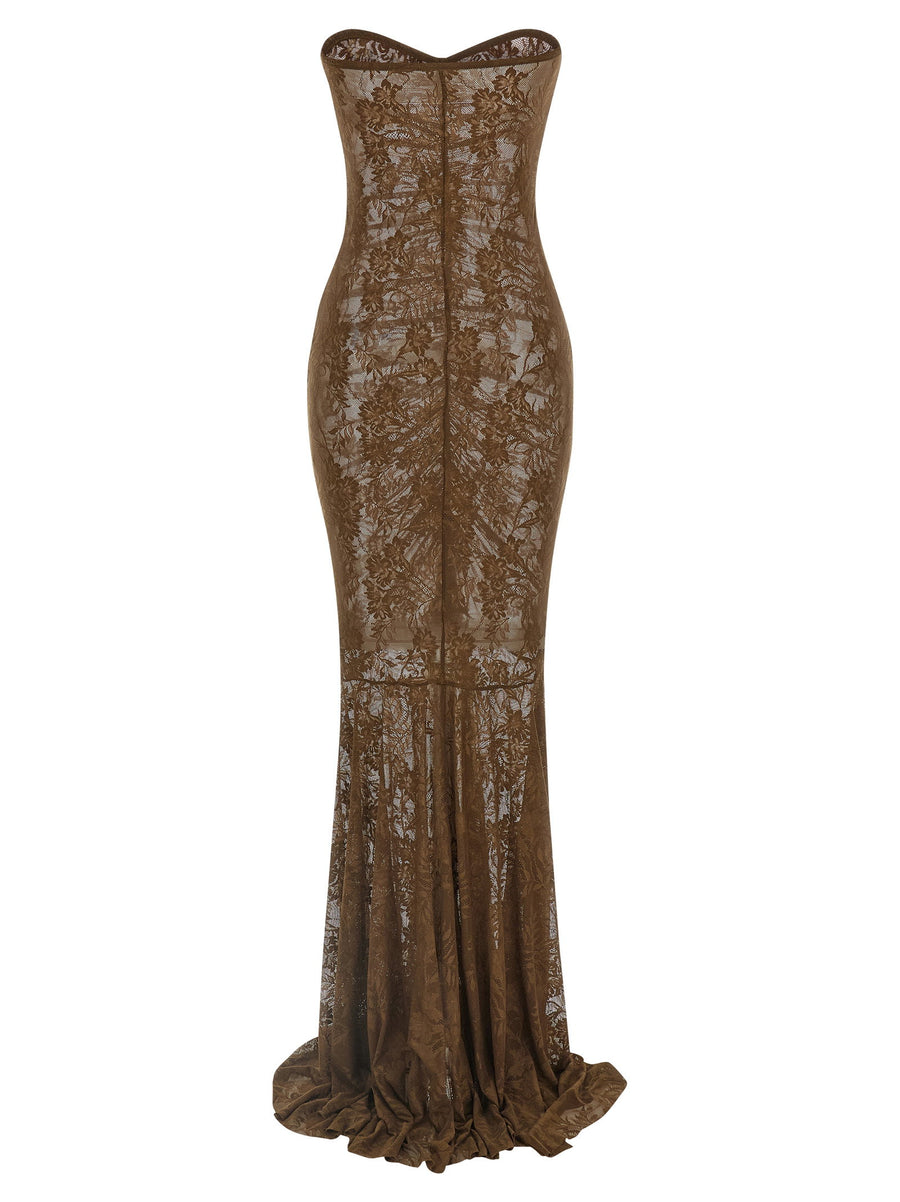 Norma Kamali Green Mermaid Lace Dress Off Shoulder Train