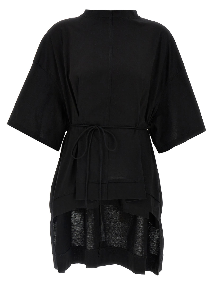 Di.la3 Pari' Asymmetric T Shirt For Women Oversized All Season Black 100 Percent Cotton With Belt And Side Slits