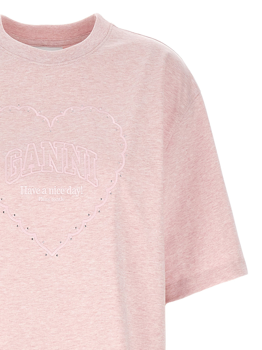 Ganni Heart T Shirt For Women Luxurious Front Logo Embroidery With Rhinestone Soft Pink Melange Cotton