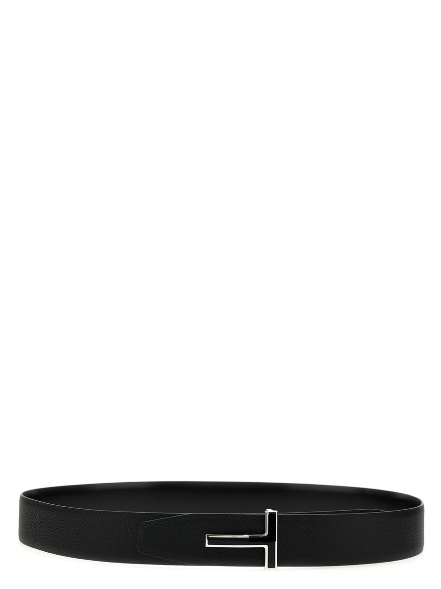 Tom Ford Logo Leather Belt For Men Two Textures Calf Leather With Silver Buckle For Formal And Casual Wear
