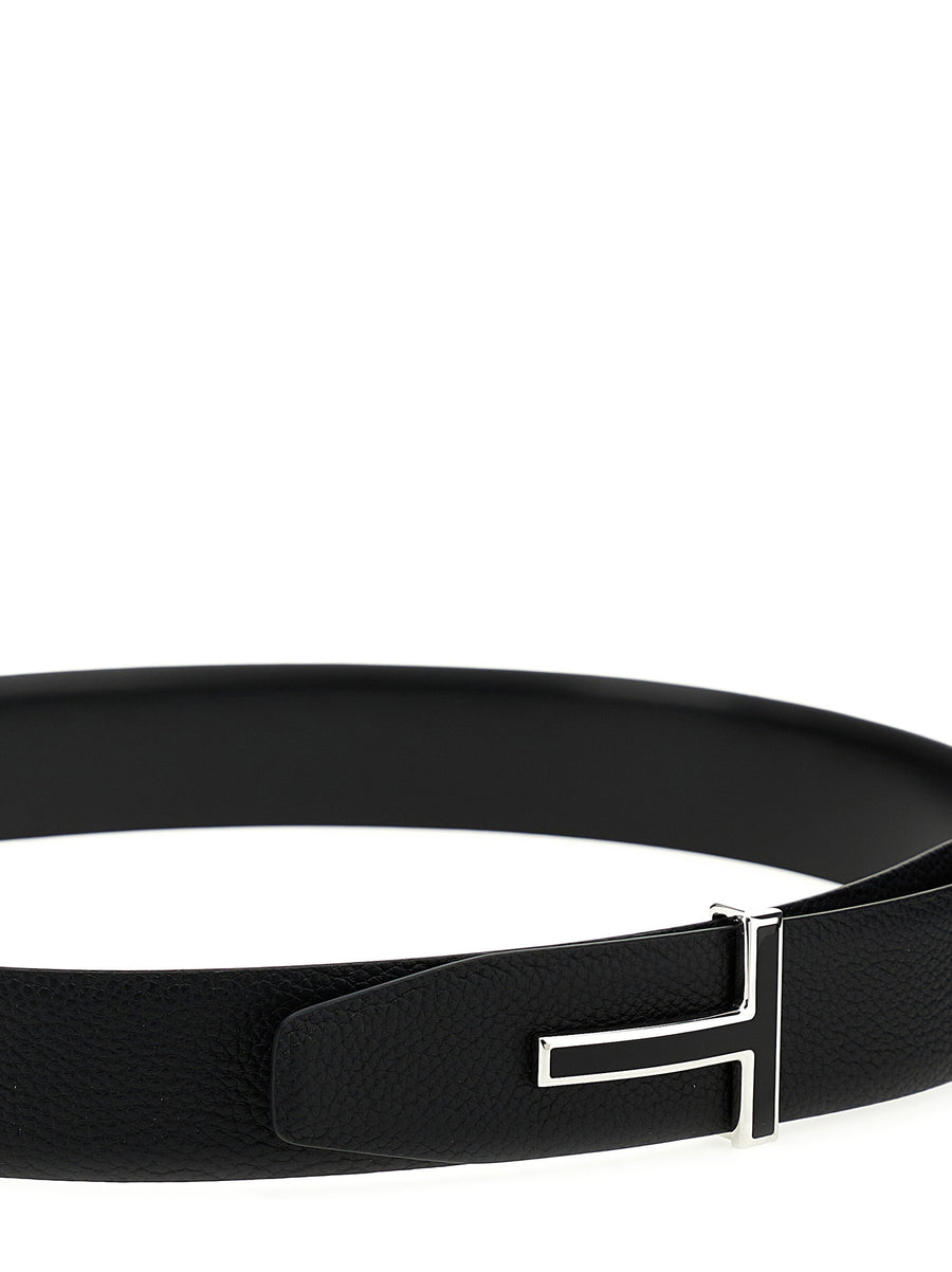 Tom Ford Logo Leather Belt For Men Two Textures Calf Leather With Silver Buckle For Formal And Casual Wear