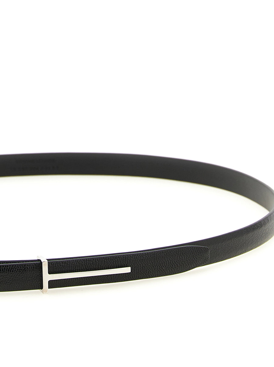 Tom Ford Icon Belt For Men Black Goat Leather Thin T Buckle Palladium Finish