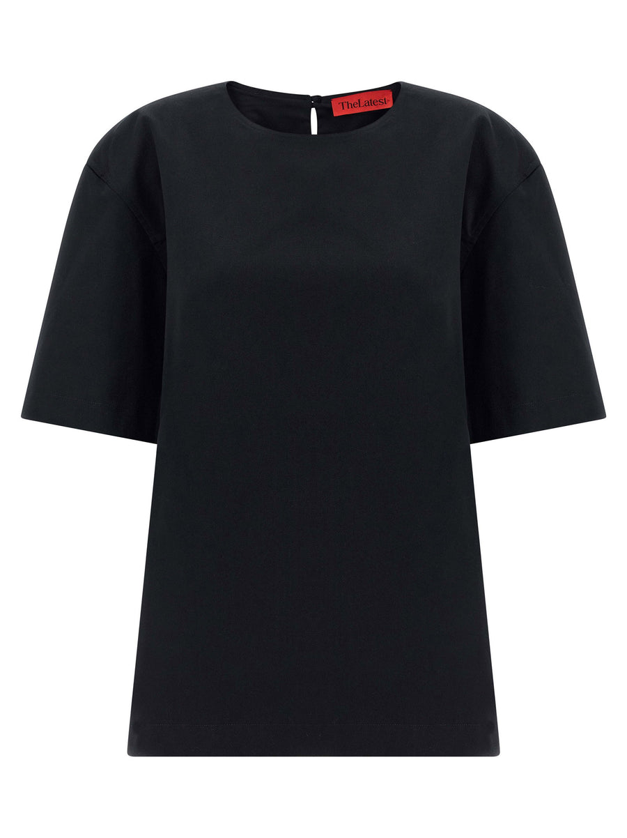 TheLatest Dean T Shirt For Women Luxurious Cotton Gabardine With Structured Look Back Button Closure Teardrop Cutout