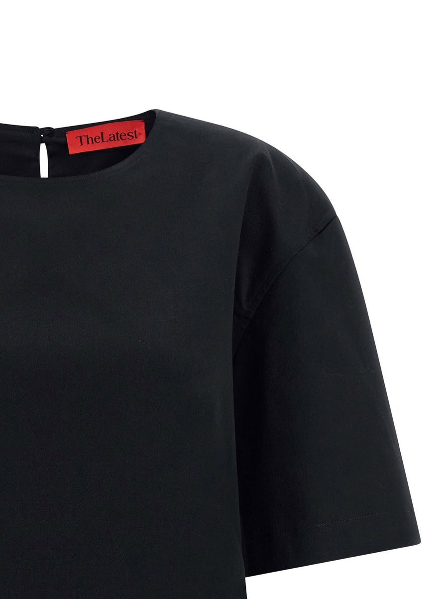 TheLatest Dean T Shirt For Women Luxurious Cotton Gabardine With Structured Look Back Button Closure Teardrop Cutout