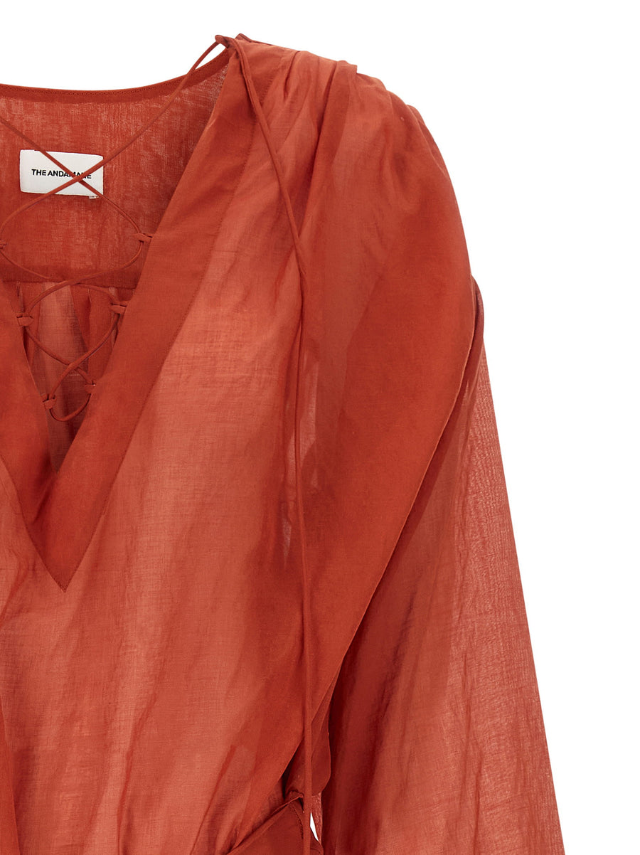 The Andamane Indira Dress Red Cotton Mini With V Neck Ties
