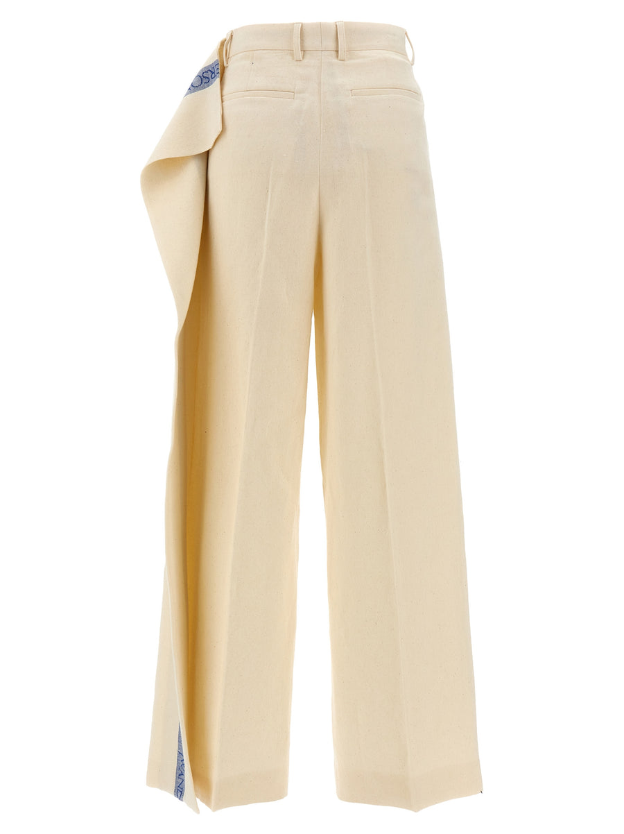 J.W.Anderson Logo Band Panel Wide Leg Trousers For Women Beige Linen Cotton Blend Luxury