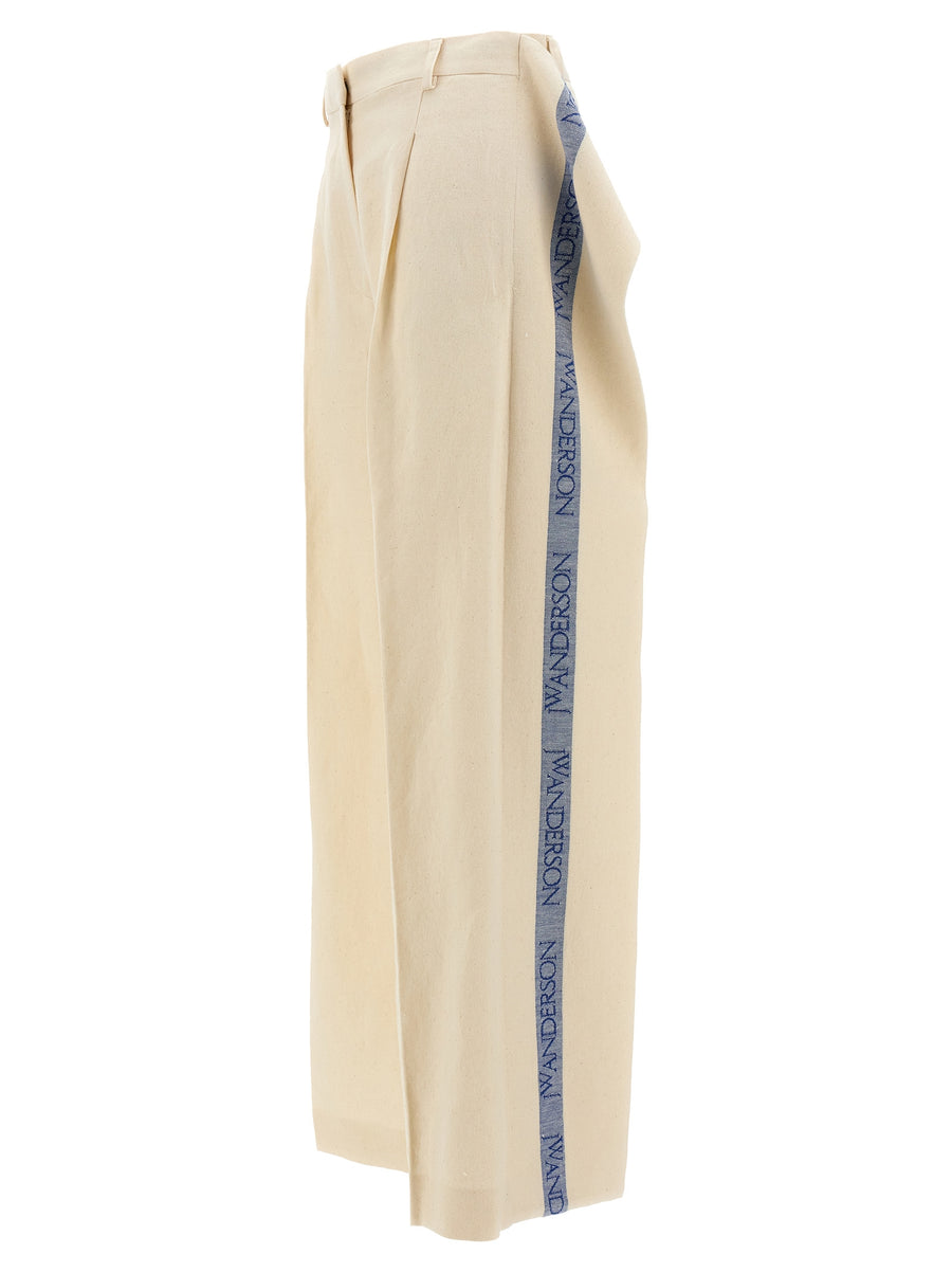 J.W.Anderson Logo Band Panel Wide Leg Trousers For Women Beige Linen Cotton Blend Luxury