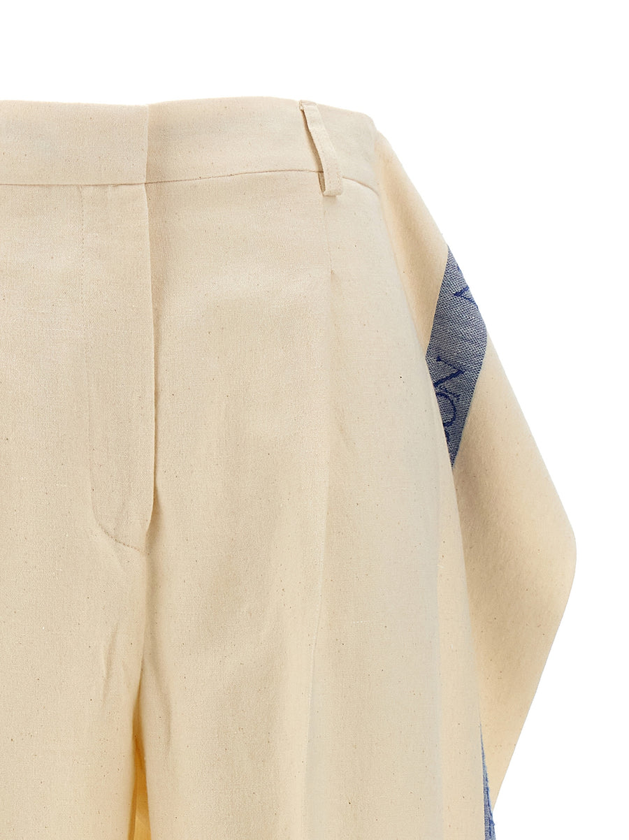 J.W.Anderson Logo Band Panel Wide Leg Trousers For Women Beige Linen Cotton Blend Luxury