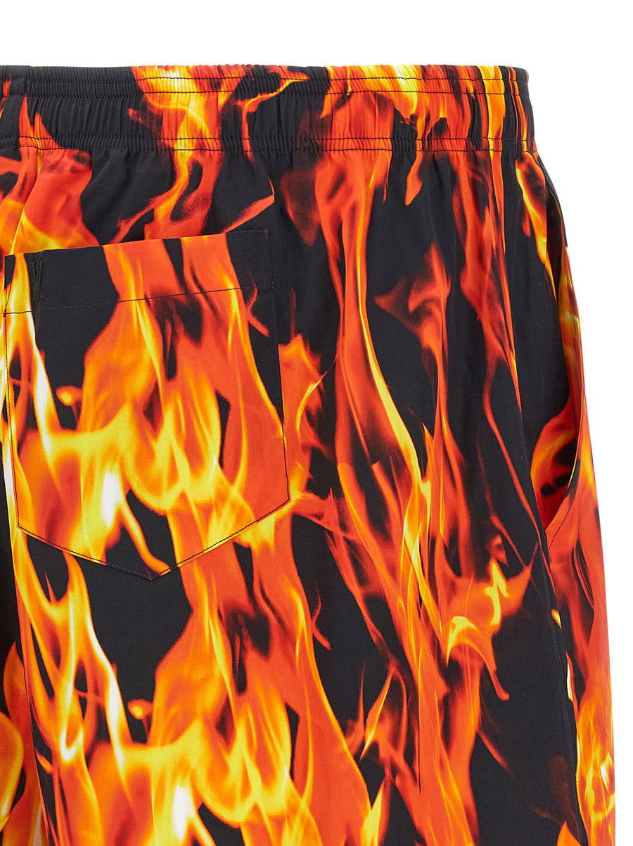Vetements Bermuda Shorts for Men Breathable 100% Cotton, Adjustable Waistband, Bold Black Orange Fire Graphic